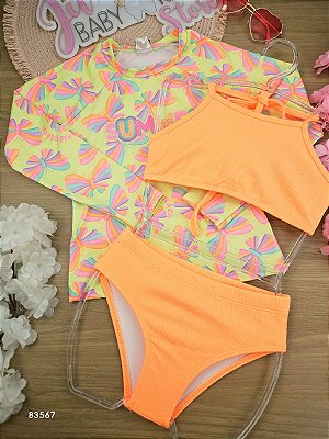 Conjunto de Biquíni e Blusa em Malha Jacquard Textura com Proteção UV 50+ Kukiê Infantil Menina