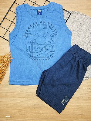 Conjunto Regata e Bermuda em Moletom Sem Felpa Azul Bee Loop