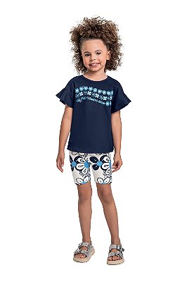 Conjunto Blusa Malha e Bermuda em Cotton Azul Escuro Bee Loop