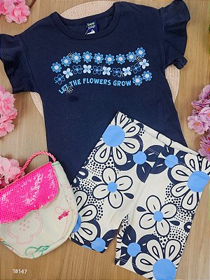Conjunto Blusa Malha e Bermuda em Cotton Azul Escuro Bee Loop