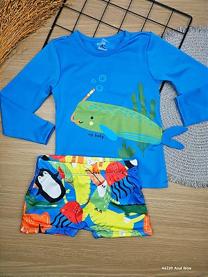 Conjunto Blusa e Sunga Moda Praia Com Proteção UV Azul Ibiza Up Baby