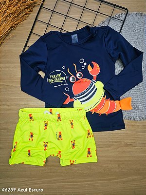 Conjunto Blusa e Sunga Moda Praia Com Proteção UV Azul Escuro Up Baby
