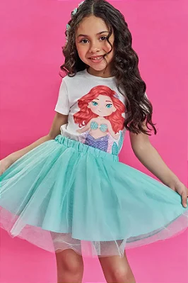 Saia em Tule Verde Água Kukiê Infantil Menina