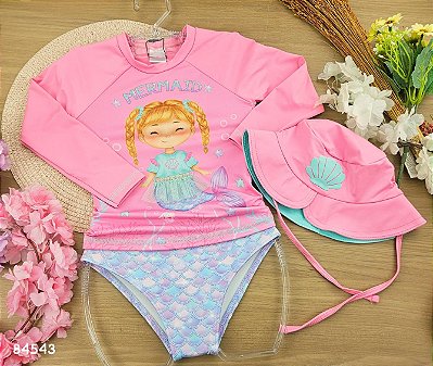 Conjunto de blusa, calcinha e chapéu em malha com proteção UV50+ Kukiê