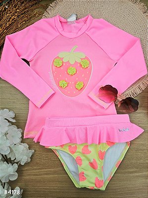 Conjunto de Blusa em Malha Poliamida e Calcinha em Malha com Proteção UV50+ Kukiê Bebê Menina