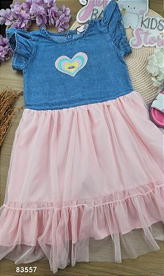 Vestido em Jeans com Elastano e Tule Kukiê Infantil Menina