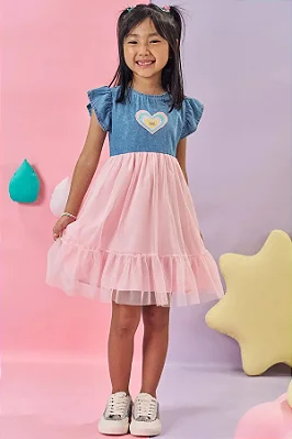 Vestido em Jeans com Elastano e Tule Kukiê Infantil Menina
