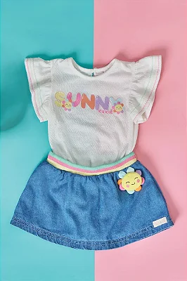 Conjunto de Body em Ribana e Short Saia em Jeans Kukiê Bebê Menina