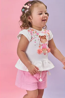 Conjunto de Bata em Cotton e Shorts em Malha Big Waffle Kukiê Bebê Menina