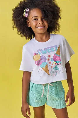 Conjunto Blusa Boxy Over em Meia Malha e Shorts em Moletinho Big Waffle Kukiê Infantil Menina