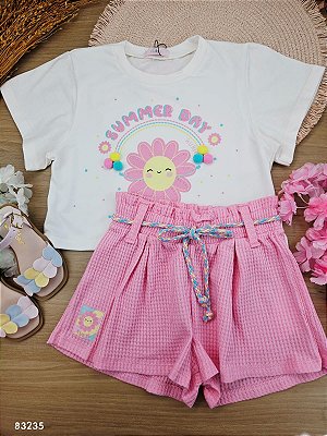 Conjunto Blusa Boxy Over em Meia Malha e Shorts em Moletinho Big Waffle Kukiê Infantil Menina