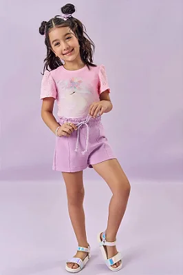 Conjunto de Blusa em Meia Malha e Shorts em Moletom Kukiê Infantil Menina