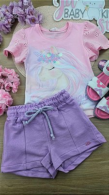 Conjunto de Blusa em Meia Malha e Shorts em Moletom Kukiê Infantil Menina
