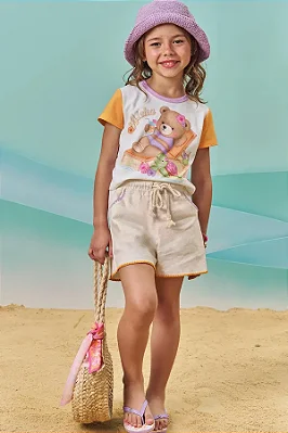 Conjunto de Blusa Boxy em Meia Malha e Short em Linho com Elastano Kukiê Infantil Menina