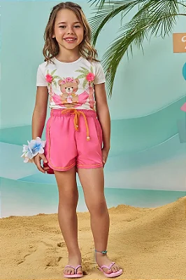 Conjunto de Blusa em Malha UV e Short em Nylon Kukiê Infantil Menina