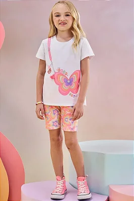 Conjunto de Blusa Boxy em Malha Power e Shorts em Moletom sem Pelúcia Infanti Infantil Menina