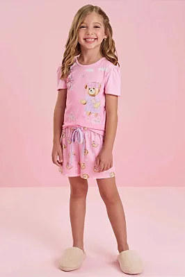 Conjunto de Pijama de Blusa em Meia Malha com Shorts e Malha Comfy Infanti Infantil Menina