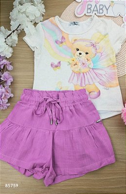 Conjunto de Blusa em Malha Power e Shorts em Viscose Infanti Infantil Menina