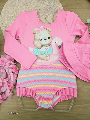 Maiô com Chapéu em Malha Uv Dry com Proteção Uv 50+ Infanti Bebê Menina