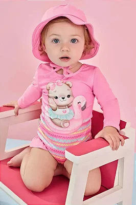 Maiô com Chapéu em Malha Uv Dry com Proteção Uv 50+ Infanti Bebê Menina