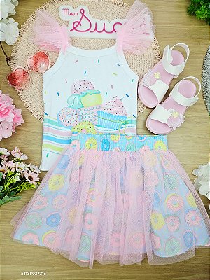 Conjunto Blusa Canelada e Saia Tule Docinhos Cupcake Mon Sucré