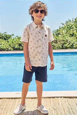 Conjunto de Camisa em Linho Deluxe e Bermuda em Sarja Caribe com Elastano LucBoo Infantil Menino