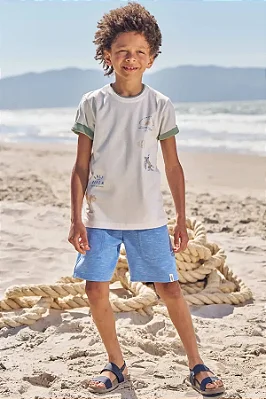 Conjunto de Camiseta em Meia Malha e Bermuda em Mesclado Bicolor LucBoo Infantil Menino