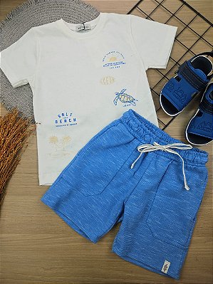 Conjunto de Camiseta em Meia Malha e Bermuda em Mesclado Bicolor LucBoo Infantil Menino