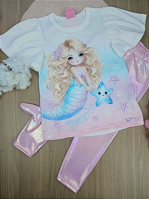 Conjunto de Blusa Alongada e Legging Holográfica Sereia Cinti