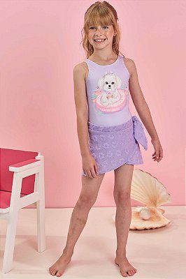 Conjunto de Maiô em Malha Uv Dry com Proteção Uv 50+ com Saia em Malha Atoalhada Infanti Infantil Menina