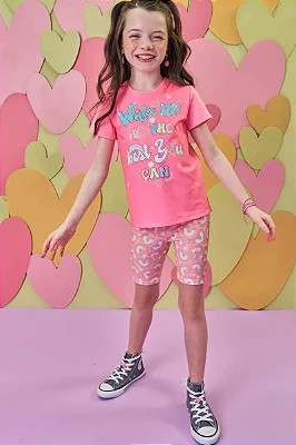 Conjunto de Blusa Alongada em Meia Malha e Biker em Malha Power Infanti Infantil Menina