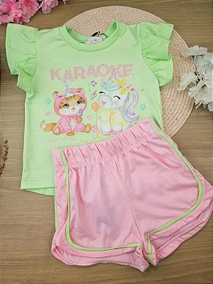 Conjunto de Pijama de Blusa em Meia Malha Flamê e Shorts em Meia Malha Kukiê Infantil Menina