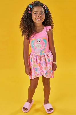 Maiô e Saída de Praia em Malha com Proteção UV50+ Kukiê Infantil Menina