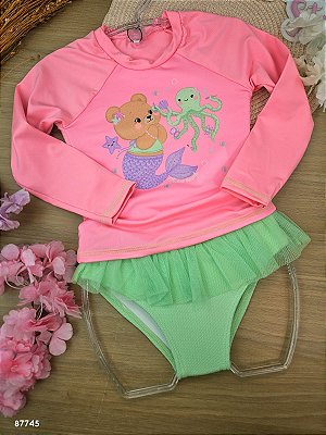 Conjunto de Blusa em Malha com Proteção UV50+ e Calcinha em Jaquard Textura Kukiê Bebê Menina