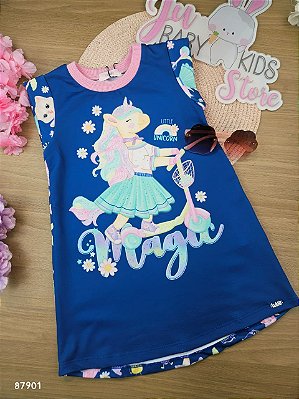 Vestido em Molecotton Unicórnio Azul Kukiê Infantil Menina