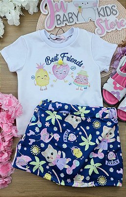 Conjunto de Blusa em Meia Malha e Shorts Saia em Molecotton Kukiê Infantil Menina