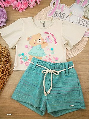 Conjunto de Blusa Boxy Over em Malha Power e Shorts em Linho Rajado Kukiê Infantil Menina