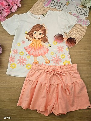 Conjunto de Bata em Malha Fresh e Shorts em Molevisco Kukiê Bebê Menina