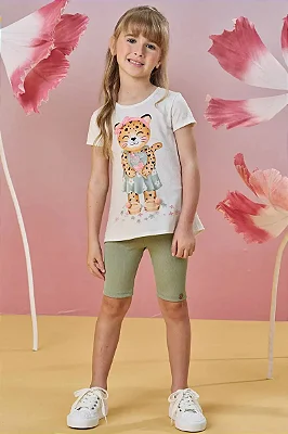 Conjunto de Blusa Alongada em Malha Fresh e Biker em Canelado Fancy Infanti Infantil Menina