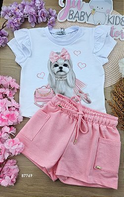 Conjunto de Blusa em Meia Malha e Shorts em Moletom sem Pelúcia Infanti Infantil Menina
