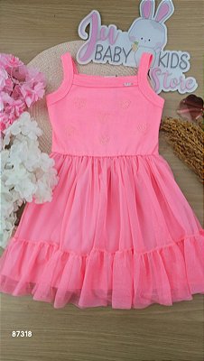 Vestido em Canelado e Tule com Elastano Kukiê Infantil Menina