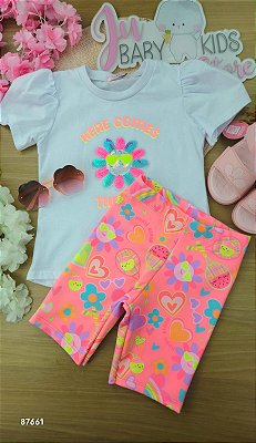 Conjunto de Blusa Alongada em Meia Malha e Biker em Malha Power Kukiê Infantil Menina