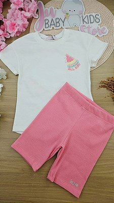 Conjunto de Camiseta em Meia Malha e Biker em Soft Line Kukiê Infantil Menina