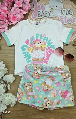 Conjunto de Blusa em Meia Malha e Short Saia em Molecotton Kukiê Infantil Menina