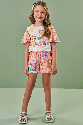 Conjunto de Blusa Boxy e Shorts em Malha Fresh Kukiê Infantil Menina