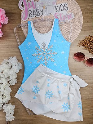 Conjunto Elsa Frozen de Maiô e Saia em Malha UV Dry com Proteção UV 50+ Infanti Infantil Menina