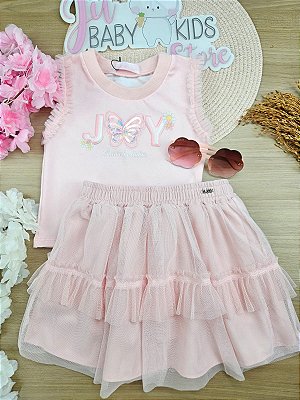 Conjunto de Blusa Boxy em Malha Power e Saia em Tule com Elastano com Shorts Embutido Kukiê Infantil Menina