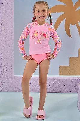 Conjunto de Biquíni em Malha Textura e Blusa em Malha com Proteção UV50+ Kukiê Infantil