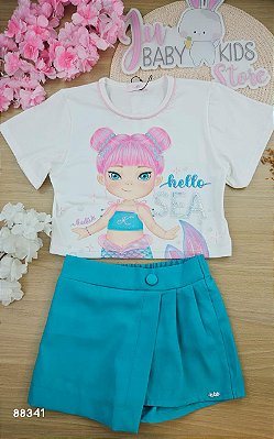 Conjunto de Blusa Boxy Over em Meia Malha e Short Saia em Blend de Viscose Kukiê Infantil Menina