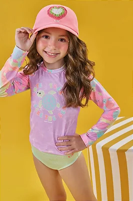Conjunto de Biquíni em Malha Textura e Blusa em Malha com Proteção UV50+ Kukiê Infantil